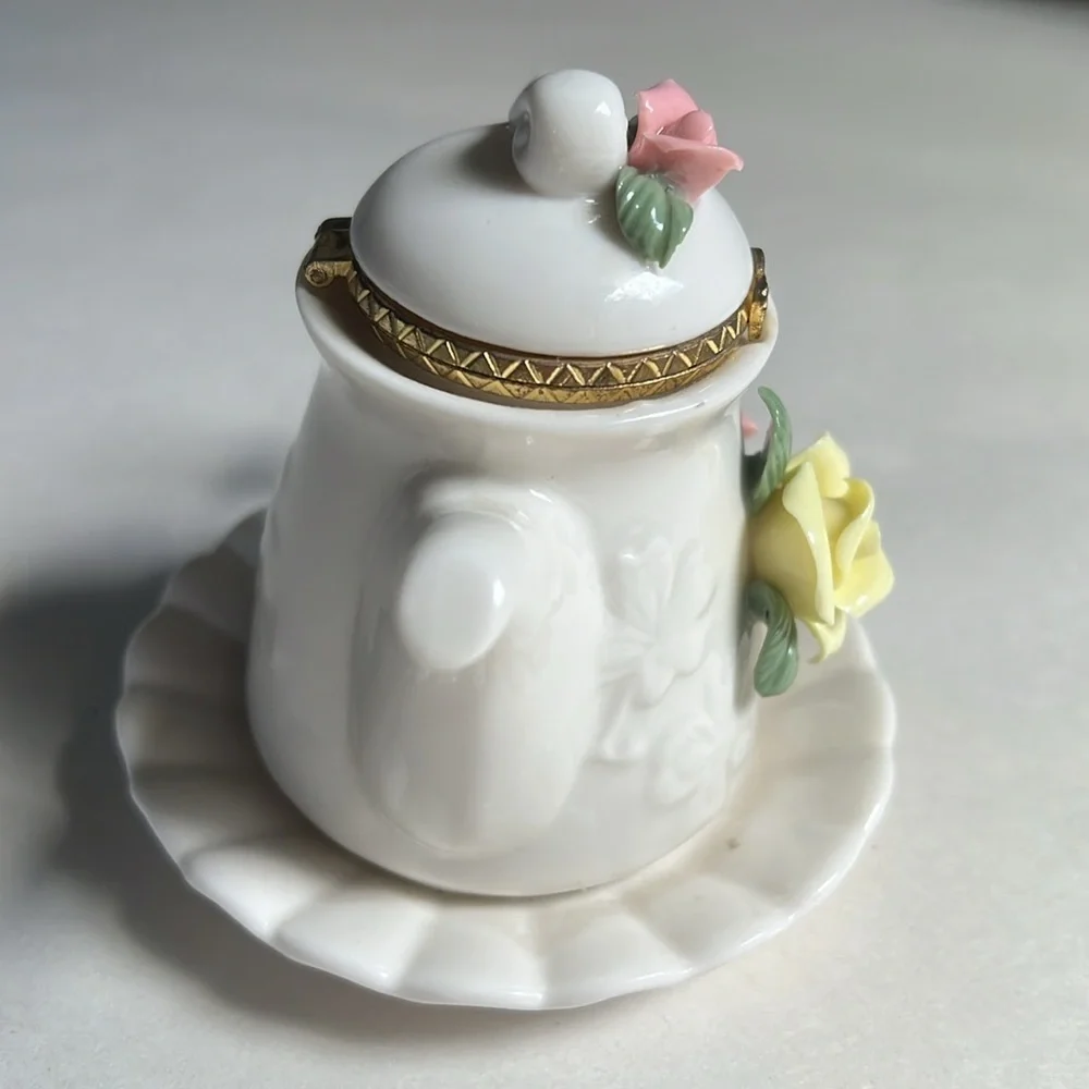Mini Tea Pot Off White Fine Porcelain Capodimonte Yellow Rose FloralTrinket Box